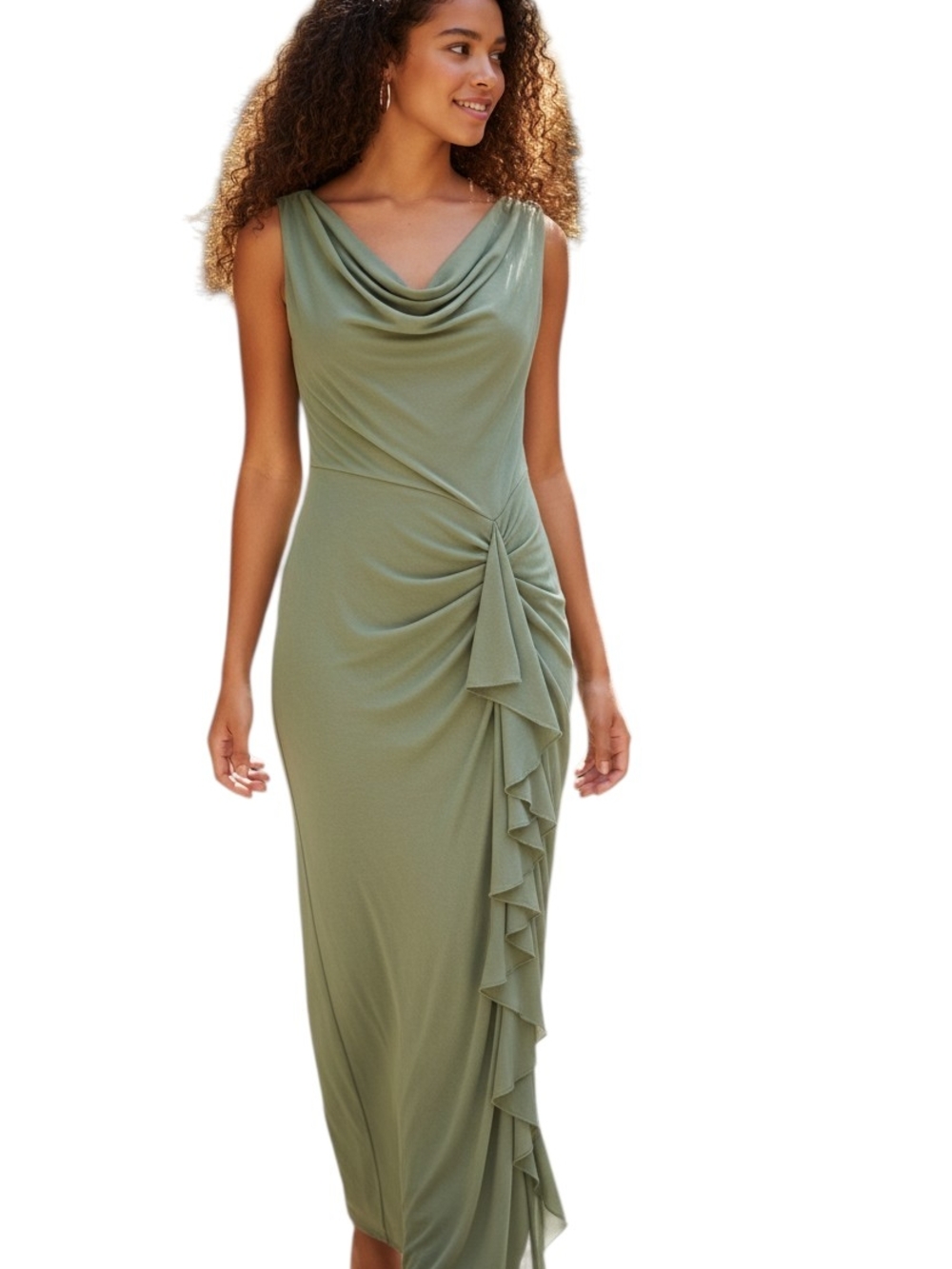 SHEIN Olive Green Sleeveless Draped Ruffle Maxi Dress
